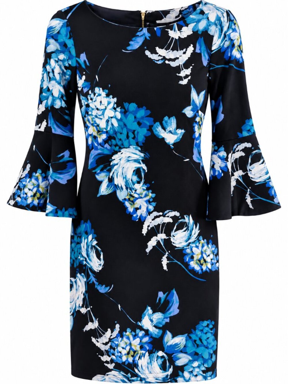 Calvin Klein Floral Dress Women’s 8 Black Blue Fit Flare Bell Sleeve Party